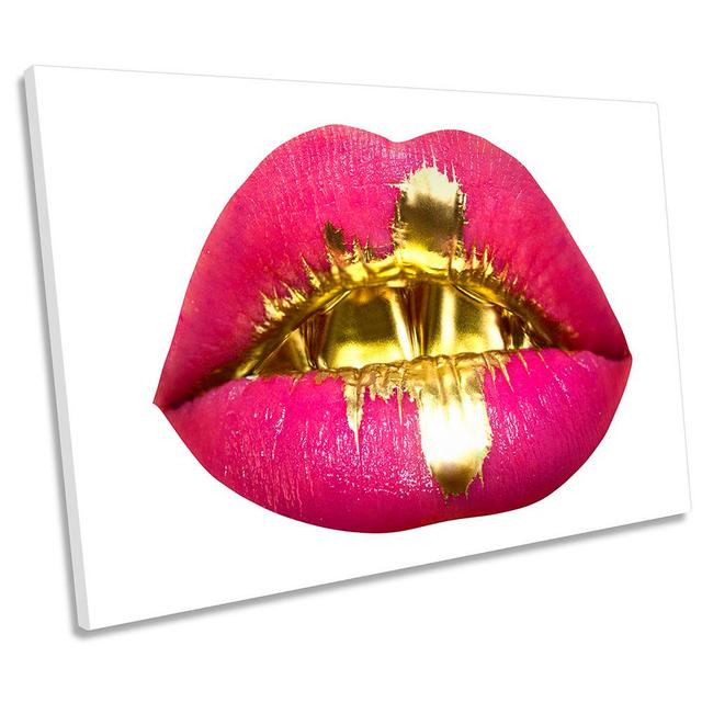 Fashion Lips Gold Modern Picture CANVAS WALL ART Print Pink Happy Larry Size: 50.8cm H x 76.2cm W on Productcaster.