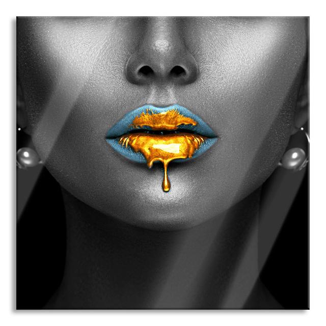 Woman'S Mouth with Golden Gloss Black and White Detail - Unframed Photograph on Glass Canora Grey Size: 60cm H x 60cm W x 0.4cm D on Productcaster.