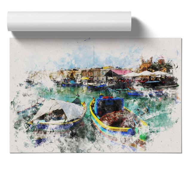 Fishing Boats In Malta Watercolour - No Frame Print East Urban Home Size: 21cm H x 30cm W x 0.1cm D on Productcaster.