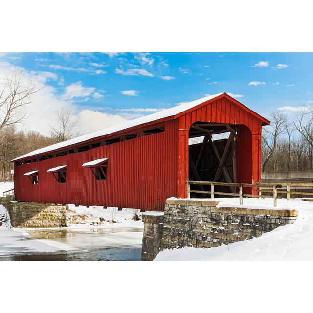 Red Covered Bridge with Snow by Kenneth Keifer - Wrapped Canvas Photograph Ebern Designs Size: 51cm H x 76cm W x 3.8cm D on Productcaster.