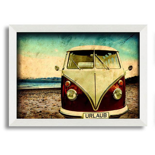 Beach VW Camper Van Framed Print Wall Art House of Hampton Size: 59.7cm H x 84.1cm W x 10cm D, Format: White Framed Paper on Productcaster.