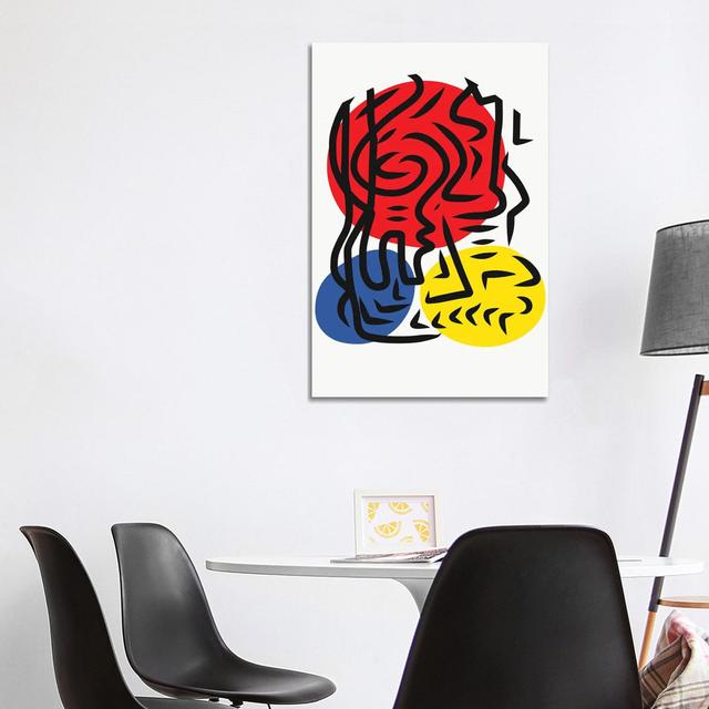 Three Circles Red Blue Yellow And Black Lines by Emmanuel Signorino - Wrapped Canvas Print George Oliver Size: 101.6cm H x 66.04 W x 1.91cm D on Productcaster.