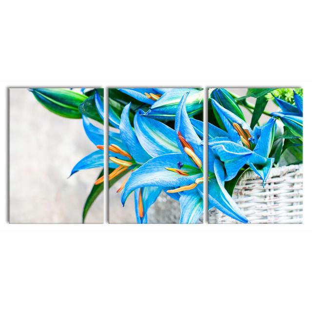 Beautiful, Blue Flowers In A Basket - 3 Piece Wrapped Canvas Print East Urban Home Size: 100 cm H x 210 cm W on Productcaster.