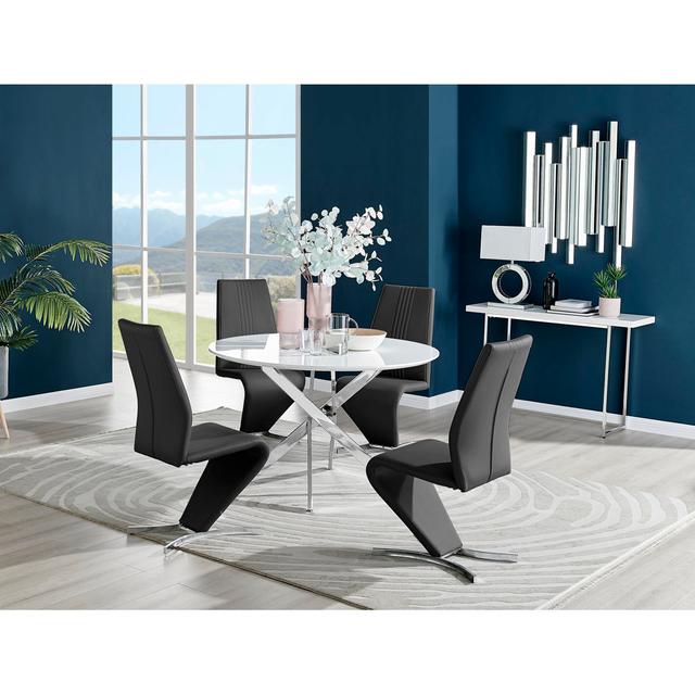 Tierra Modern Chrome Metal & Glass Round Dining Table Set with 4 Faux Leather Chairs Canora Grey Table Top Colour: White Gloss, Chair Colour: Black/Sl on Productcaster.