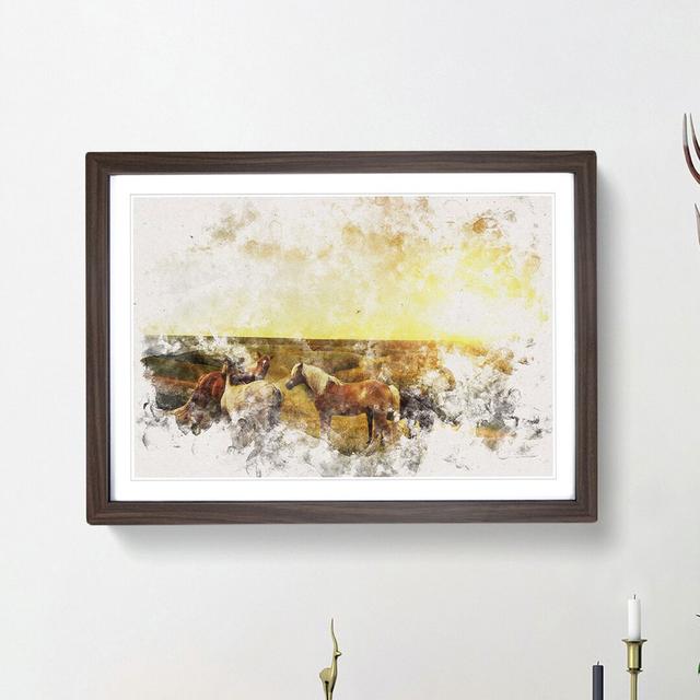 Sunset over the Horses Watercolour - Picture Frame Graphic Art Print East Urban Home Size: 40cm H x 60cm W x 2cm D, Frame Option: Walnut Framed on Productcaster.