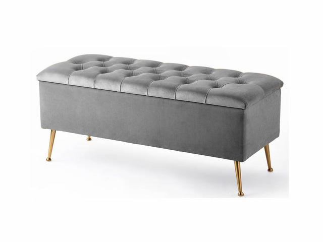 French Chesterfield Upholstered Footstool - End of Bed Table – Ottoman Shoe Bench with Metal Legs R&M Furnishers Upholstery Colour: Grey Plush Velvet on Productcaster.