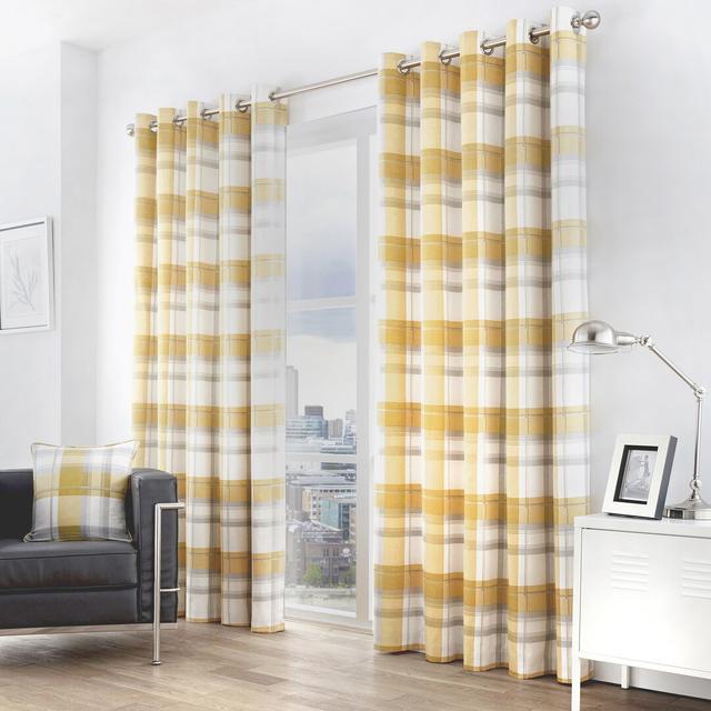 Eyelet Sheer Curtains (Set of 2) Fusion Colour: Ochre/Mustard/Yellow, Panel Size: 117 W x 183 D cm on Productcaster.