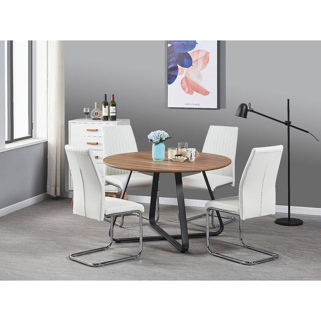 Sandy Classic Dining Table Set with 4 Upholstered Faux Leather Dining Chairs Canora Grey Colour (Chair): White, Colour (Table Top): Brown, Table Base on Productcaster.