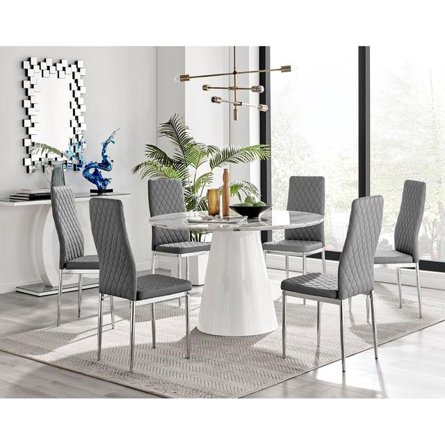 Edzard Statement Round Dining Table Set in Luxury Marble Effect & 6 Faux Leather Dining Chairs Canora Grey Colour (Chair): Grey/Chrome on Productcaster.