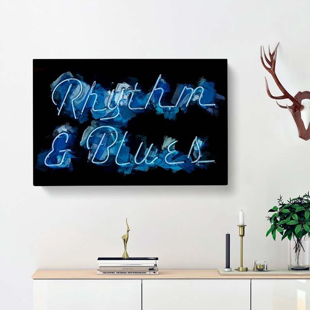 Neon Blue Rhythm and Blues Sign in Abstract - Wrapped Canvas Typography Print East Urban Home Size: 35cm H x 50cm W x 3cm D on Productcaster.