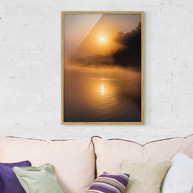 Sunrise at the Lake with Deer in the Fog - Picture Frame Graphic Art Union Rustic Size: 70cm H x 50cm W x 2cm D, Frame Option: Brown Framed on Productcaster.