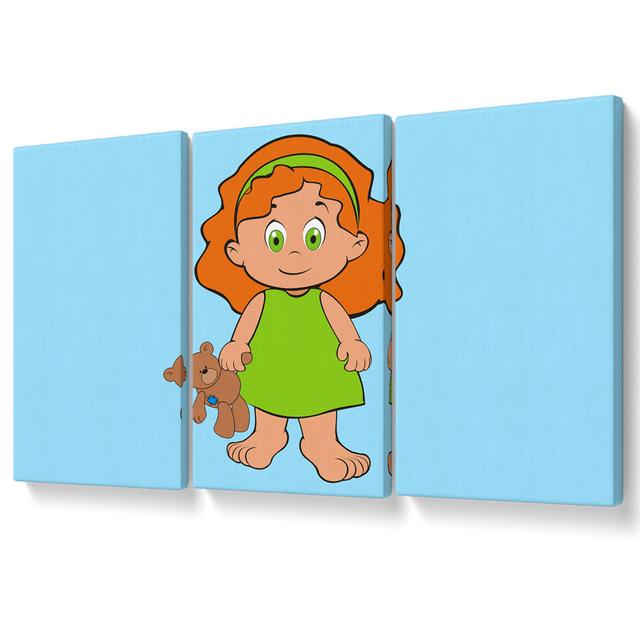 Girl with Teddy Bear - 3 Piece Wrapped Canvas Graphic Art Rosalind Wheeler Colour: Baby Blue, Size: 101.6cm H x 203cm W on Productcaster.