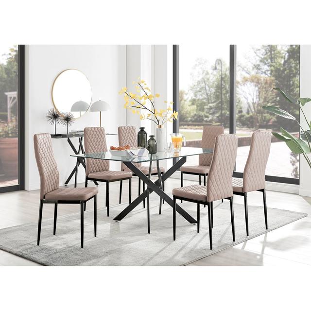 Lenworth Modern Black Metal and Glass Dining Table Set - x6 Luxury Faux Leather Dining Chairs Canora Grey Colour (Chair): Cappuccino/Black on Productcaster.