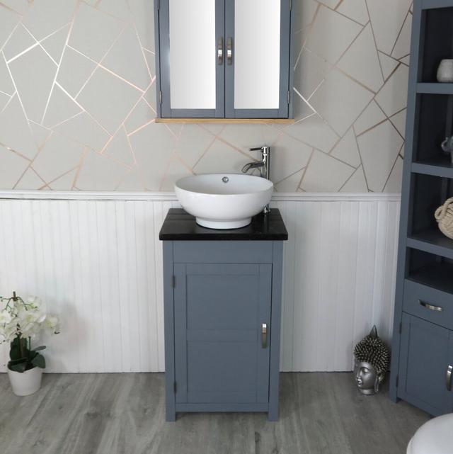 Scurlock 515mm Single Bathroom Vanity with Vessel Stone Basin Brayden Studio Top Finish: Black Quartz, Vanity Unit Colour: Grey on Productcaster.