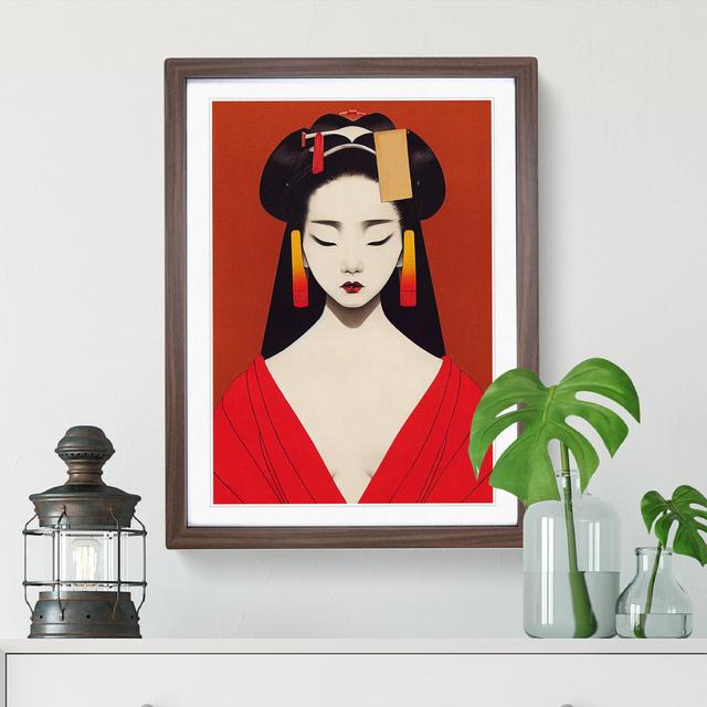 XV1022-4406X Symmetrical Geisha No.1 - Print Marlow Home Co. Format: Walnut Framed Paper, Size: 48cm H x 36cm W, Matte Colour: White on Productcaster.