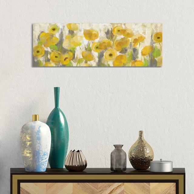 'Floating Yellow Flowers I' Painting on Wrapped Canvas Three Posts Size: 60.96cm H x 182.88cm W x 3.81cm D, Format: Brown Framed on Productcaster.