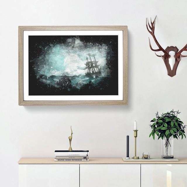 Pirate Ship Sailing Upon A Stormy Sea Paint Splash - Picture Frame Graphic Art Print East Urban Home Size: 62cm H x 87cm W x 2cm D, Frame Option: Oak on Productcaster.