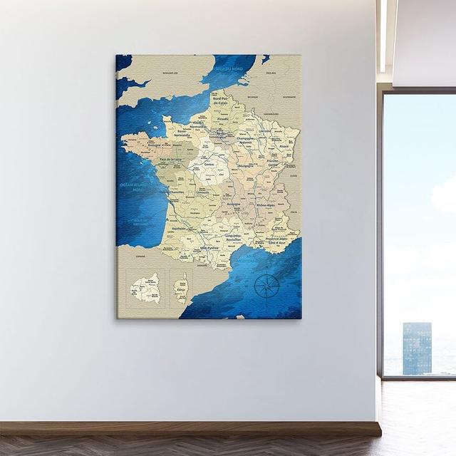 Blue Ocean French Map Graphic Art Print on Canvas East Urban Home Finish: Premium, Cork back panels: Yes, Size: 120cm L x 80cm W on Productcaster.