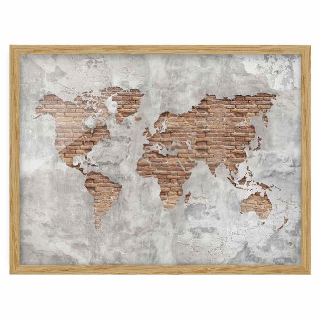 Shabby Concrete Brick World Map - Picture Frame Graphic Art Williston Forge Size: 70cm H x 100cm W x 2cm D, Frame Option: Brown Framed on Productcaster.