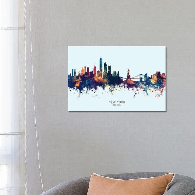 New York Skyline Blue Orange - Print Ebern Designs Format: Wrapped Canvas, Size: 45.72cm H x 66.04cm W x 3.81cm D on Productcaster.