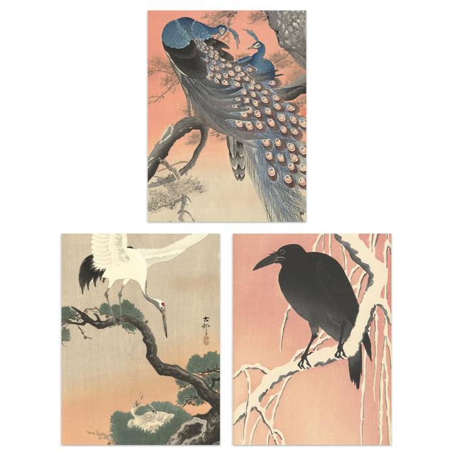 Aeara Kacho-e Crow Crane Peacock Paintings - 3 Piece No Frame Print Marlow Home Co. Size: 40.5" H x 30.5" W x 0.3" D on Productcaster.