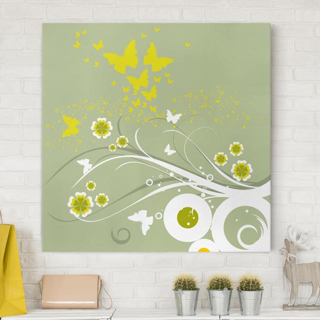 Butterflies in Spring - Wrapped Canvas Graphic Art August Grove Size: 50cm H x 50cm W, Format: 330g/m³ Recycled canvas on Productcaster.