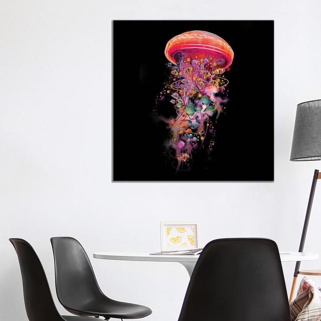 Electric Jellyfish World in Red by David Loblaw - Graphic Art Print on Canvas Ebern Designs Size: 93.98cm H x 93.98cm W x 3.81cm D, Format: Wrapped Ca on Productcaster.