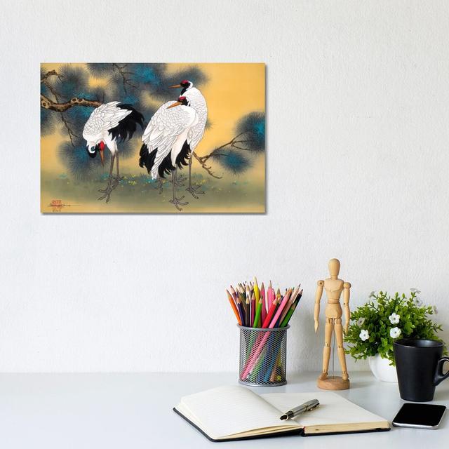 Morning Cranes - Painting Print on Canvas Bloomsbury Market Size: 20.32cm H x 30.48cm W x 1.91cm D, Format: Wrapped Canvas on Productcaster.