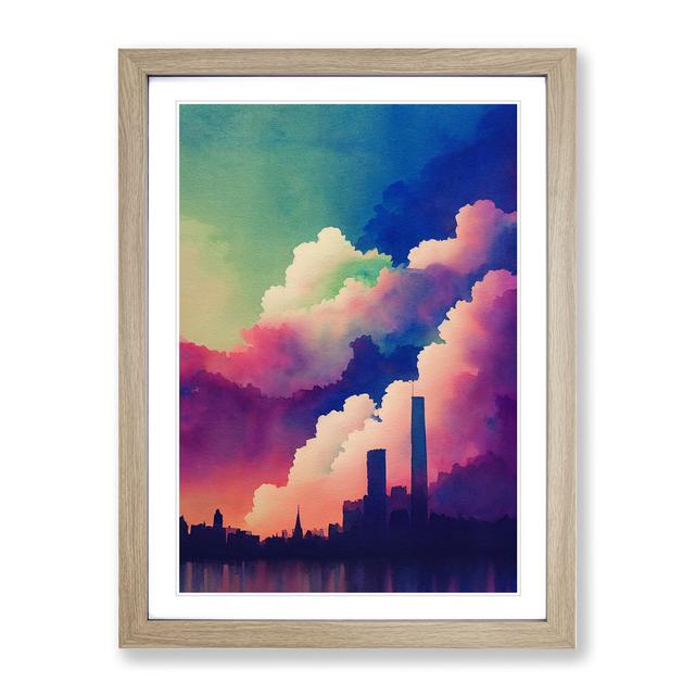 Watercolour City Skyline Clouds No.1 - Picture Frame Graphic Art 17 Stories Size: 46cm H x 34cm W x 2cm D, Frame Colour: Oak Framed on Productcaster.