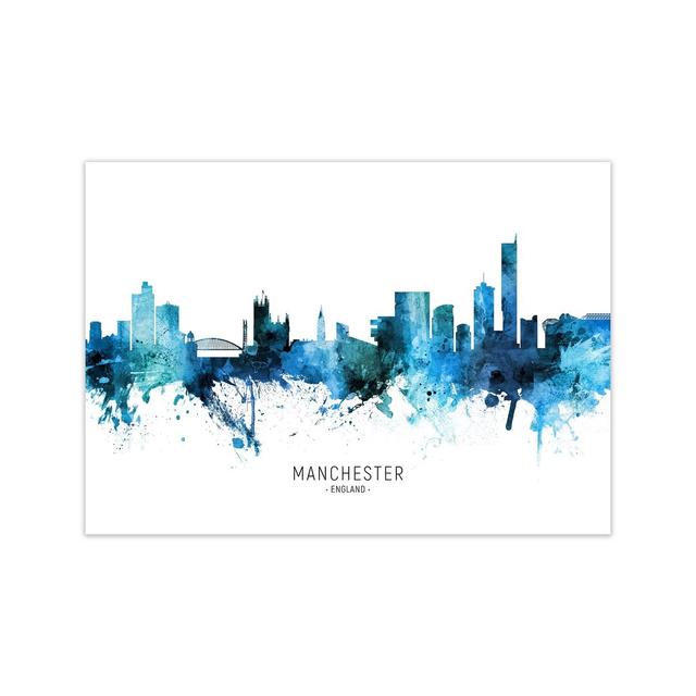 Manchester England Skyline Blue City Name by Michael Tompsett - Graphic Art Ebern Designs Format: Unframed, Size: 30cm H x 42cm W x 1cm D on Productcaster.