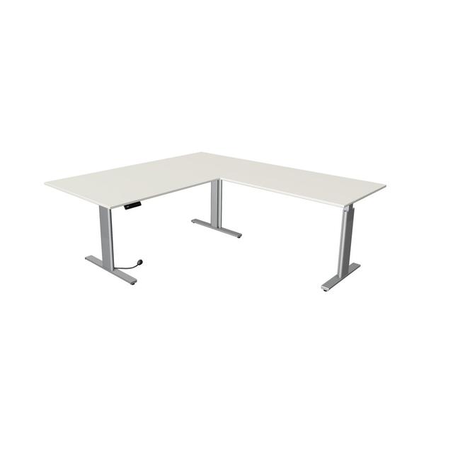 Rowana L-Shape Height Adjustable Standing Desk Ebern Designs Top Colour: White, Size: 120cm H x 220cm W x 200cm D on Productcaster.