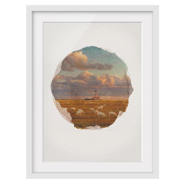 North Sea Lighthouse with Flock of Sheep - Picture Frame Graphic Art Rosalind Wheeler Frame Option: White Framed, Size: 100cm H x 70cm W x 2cm D on Productcaster.