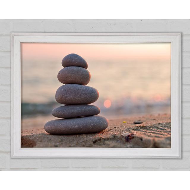 Zen Stones Stacked Up On Beach Framed Print Highland Dunes Format: Black Framed Paper, Size: 100cm H x 141.4cm W x 3cm D on Productcaster.