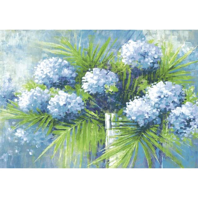 Blue Flowers Green Leaves - Wrapped Canvas Painting Print Rosalind Wheeler Size: 51cm H x 76cm W x 3.8cm D on Productcaster.