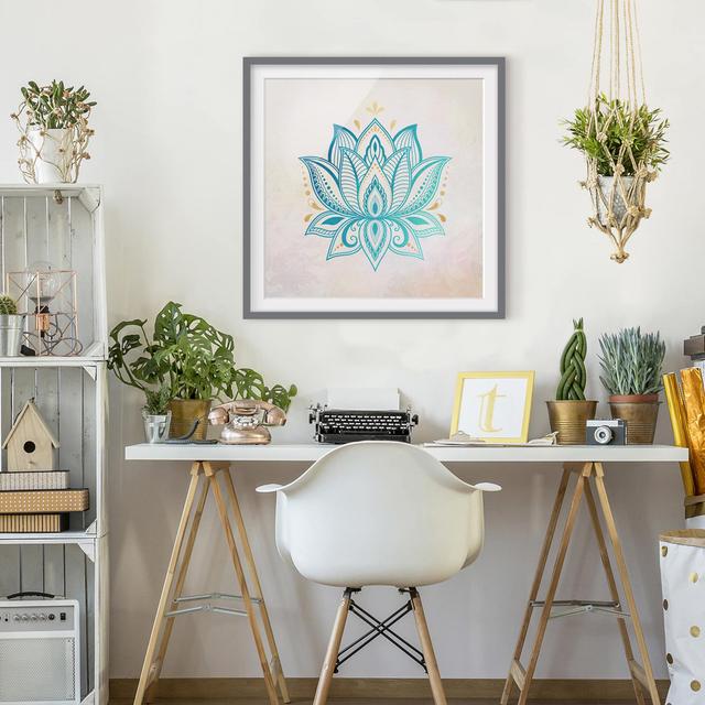 Gerahmtes Poster Lotus Illustration Mandala Gold Blue BohoLiving Rahmenauswahl: Grau on Productcaster.