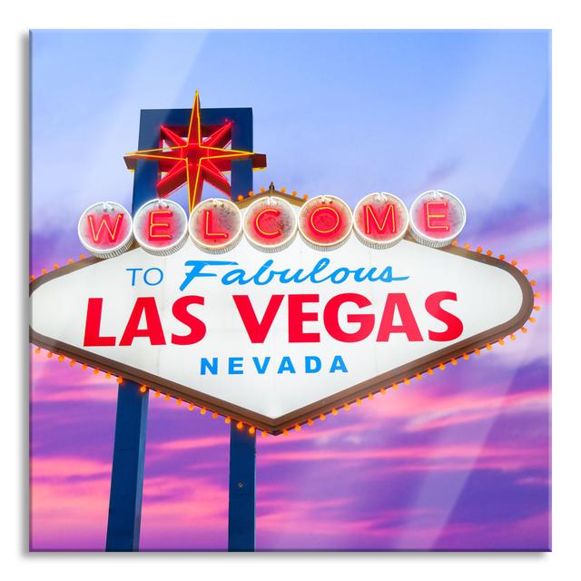 Las Vegas Welcome Sign at Twilight - Unframed Graphic Art on Glass Ebern Designs Size: 60cm H x 60cm W x 0.4cm D on Productcaster.