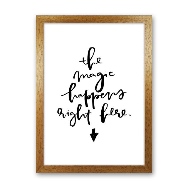 The Magic Happens Right Here by Planeta444 - Typography Print on Paper Happy Larry Frame Option: Brown Framed, Size: 88cm H x 64cm W x 3cm D on Productcaster.