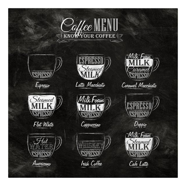 Coffee types on a chalkboard - Wrapped Canvas Graphic Art Happy Larry Size: 80cm H x 80cm W, Colour: White, Format: 260g/m² canvas on Productcaster.