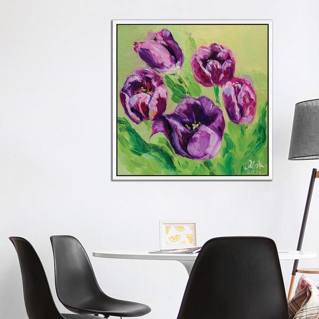 Purple Tulips by Nataly Mak - Gallery-Wrapped Canvas Giclée on Canvas Rosalind Wheeler Size: 93.98cm H x 93.98cm W x 3.81cm D, Format: White Floater F on Productcaster.