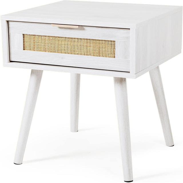 Bedside Table With Solid Wood Legs And Rattan Drawers (White) 17 Stories on Productcaster.