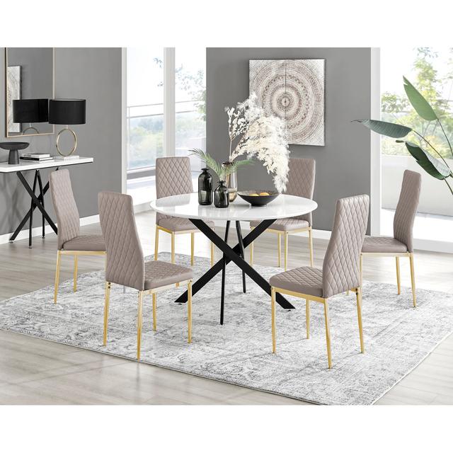 Tierra Modern Chrome Metal & Glass Round Dining Table Set with 4 Quilted Faux Leather Chairs Canora Grey Table Base Colour: Black, Chair Colour: Cappu on Productcaster.