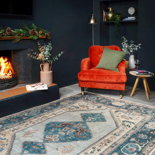 Teal Blue Distressed Traditional Bordered Rug Kukoon Rug Size: Rectangle 80 X 150 cm on Productcaster.