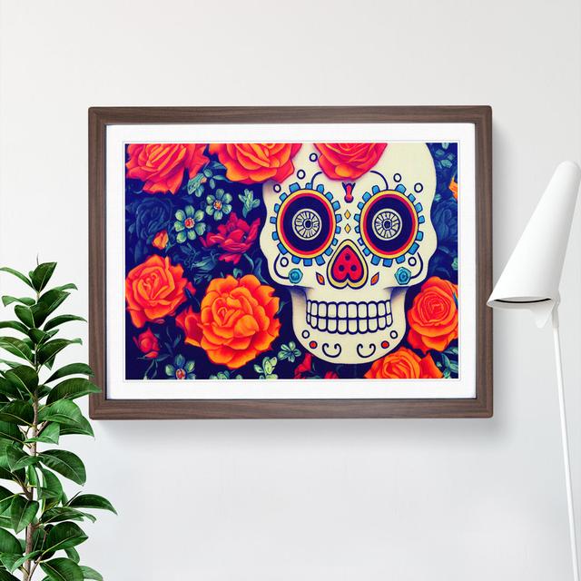 Wondrous Floral Sugar Skull Happy Larry Size: 34cm H x 46cm W x 2cm D, Frame Colour: Walnut on Productcaster.