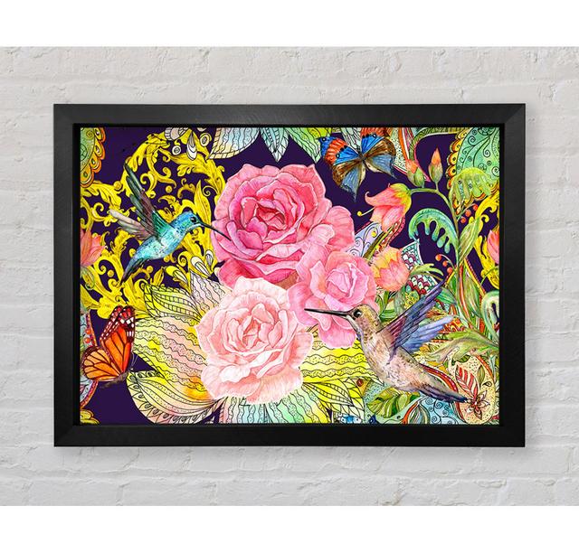 Hummingbird Flowers Dark Framed Print Ophelia & Co. Size: 84.1cm H x 118.9cm W x 3.4cm D, Format: Black Framed Paper on Productcaster.