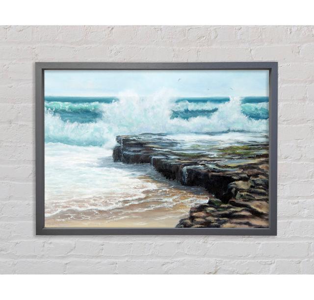 Gerahmtes Leinwandbild Waves Hitting The Rocks Haus am Meer Größe: 100 cm H x 141,4 cm B x 3,3 cm T on Productcaster.