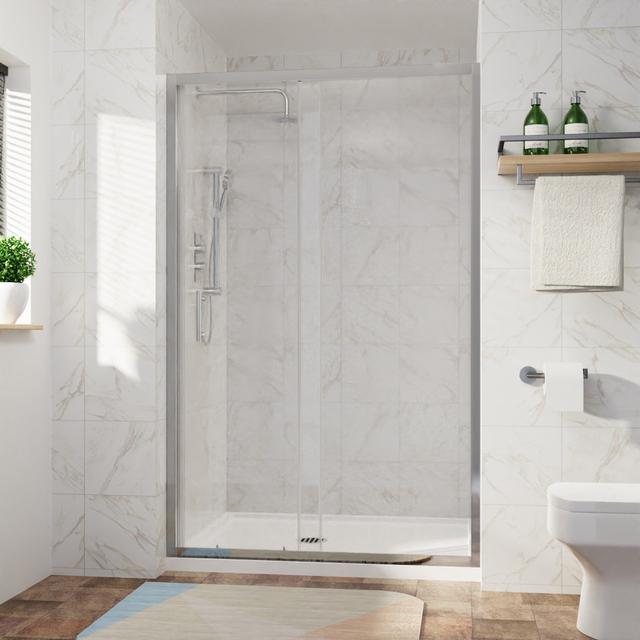 Glenford 1325mm W x 1900mm H Single Sliding Framed Shower Door with Glass Belfry Bathroom Finish: Chrome on Productcaster.