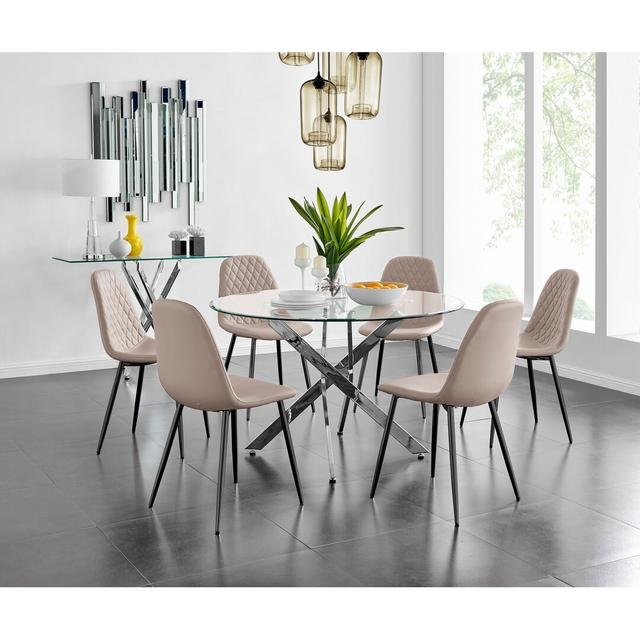 Tierra Modern Chrome Metal & Glass Round Dining Table Set with 6 Luxury Faux Leather Chairs Canora Grey Table Base Colour: Silver, Colour (Chair): Cap on Productcaster.