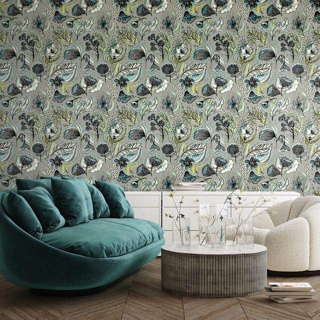 Chelchowska Pepper Collection Flocked Wild Flower Felice 10.05m x 53cm Wallpaper Roll Ophelia & Co. Colour: Grey on Productcaster.