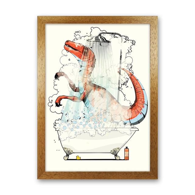 Velociraptor Bathroom - Graphic Art Print on Paper Happy Larry Frame Option: Oak Framed, Size: 84cm H x 60cm W x 3cm D on Productcaster.