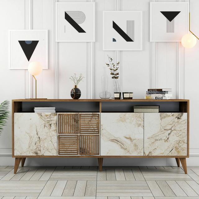 Console , Multipurpose table, Support cabinet, 180x35h79 cm, Walnut and White Marble Ivy Bronx on Productcaster.